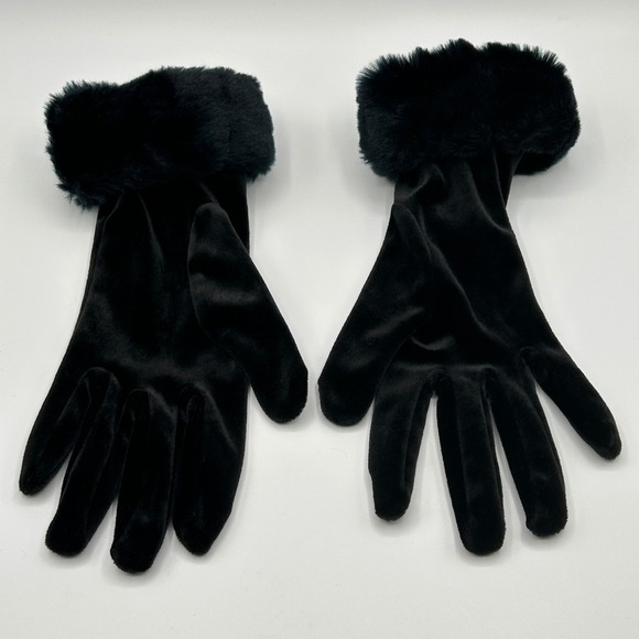 VTG Liz Claiborne Women Black Velvet Gloves Faux Fur Cuff Elegant Party Occasion - Picture 6 of 8